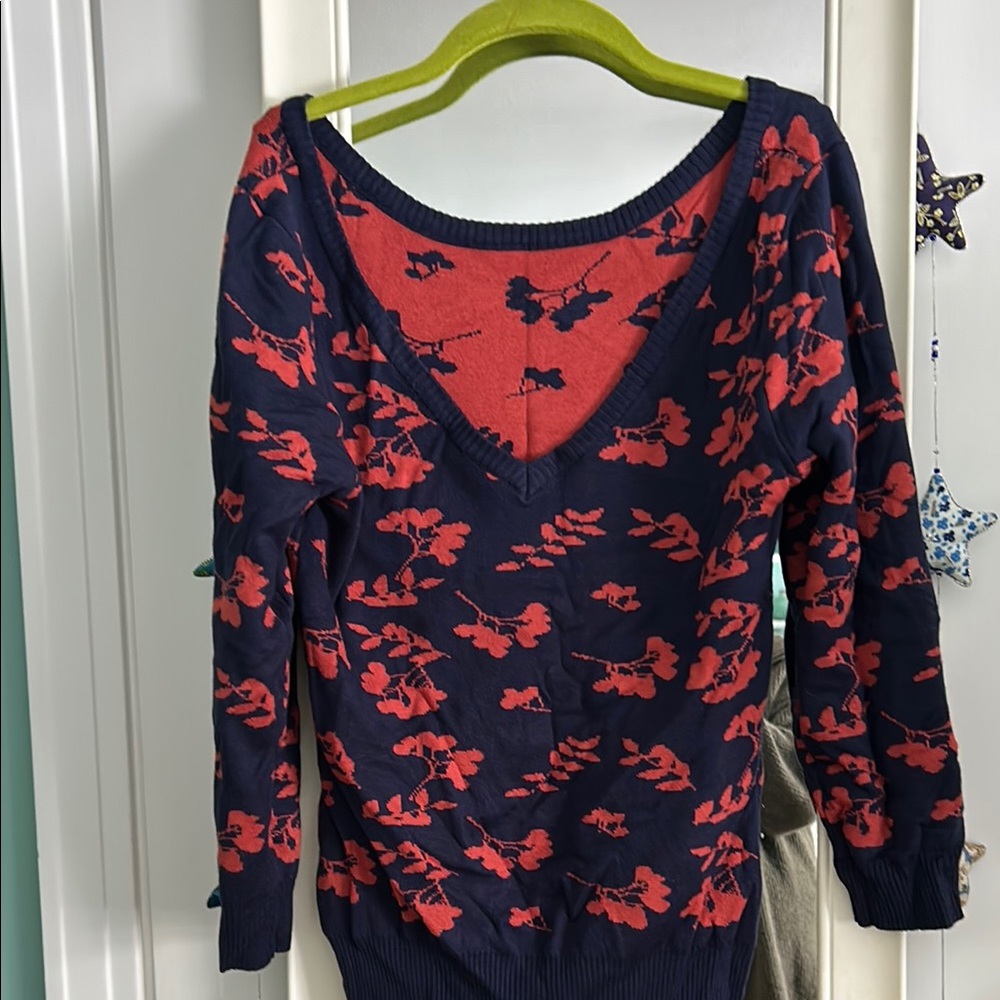 ModCloth Floral Knit Sweater - Navy and burnt orange/rust M